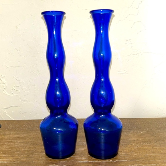 Pair Of COBALT BLUE BUD VASE WAVY BUBBLED LONG TALL NECK USA VINTAGE - Picture 2 of 9